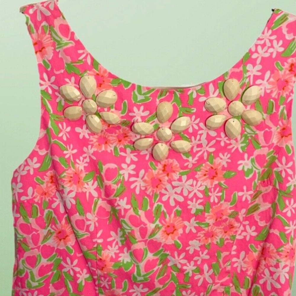 Lilly Pulitzer Girls Summer Pink & Green Shift Dress Sz 12 Floral Bead Trim EUC